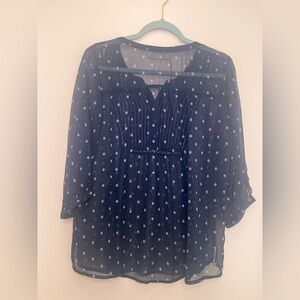 Abercrombie & Fitch Navy Sheer Floral Peasant Blouse Boho Pintuck Top Size L